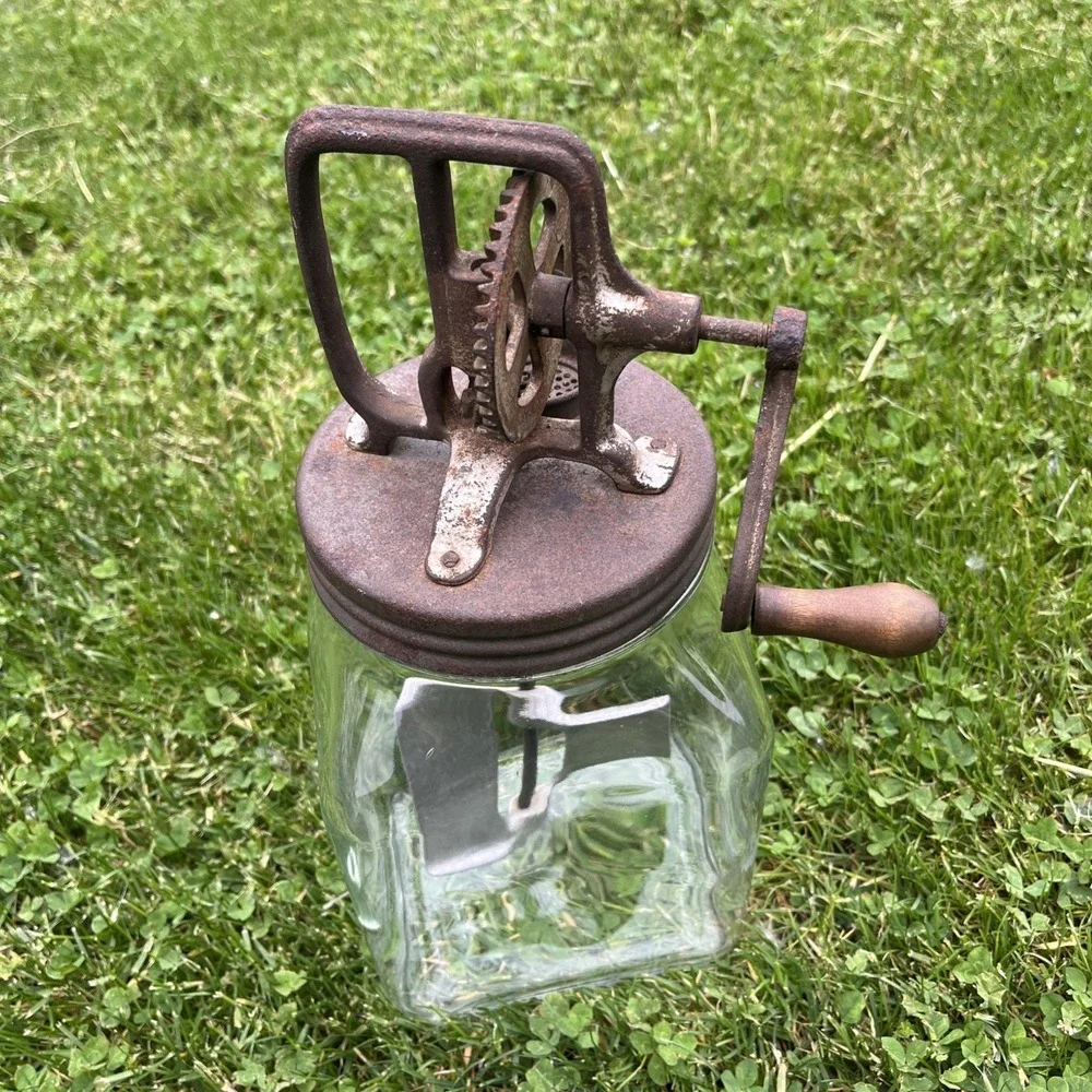 Vintage Glass Sunbeam Mixmaster Butter Churn‎ w/ Metal Paddles